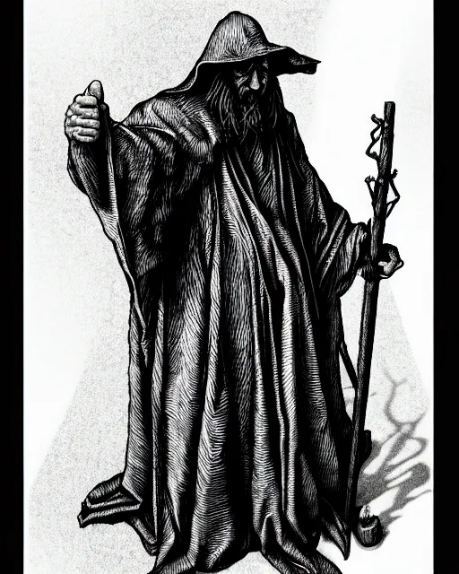 Image similar to old mage, full body shot, hyper realism, fine details, deviantart artstation, extremely detailed, black and white, very sharp, in the style of albrecht durer, etching,