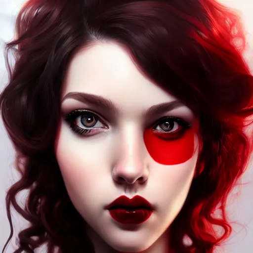 Image similar to a realistic illustration portrait of a beautiful cute girl with curly black and red hair, a pointy nose and, round chin black eyeliner, trending on artstation, hyper - realistic lighting, intricate, ross tran