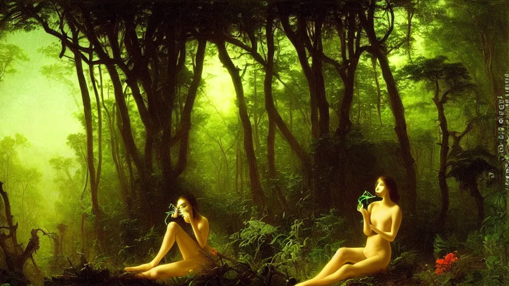 Prompt: a beautiful skinny woman with big eyes and a small nose eating a bioluminescent flower in a verdant jungle by albert bierstadt.