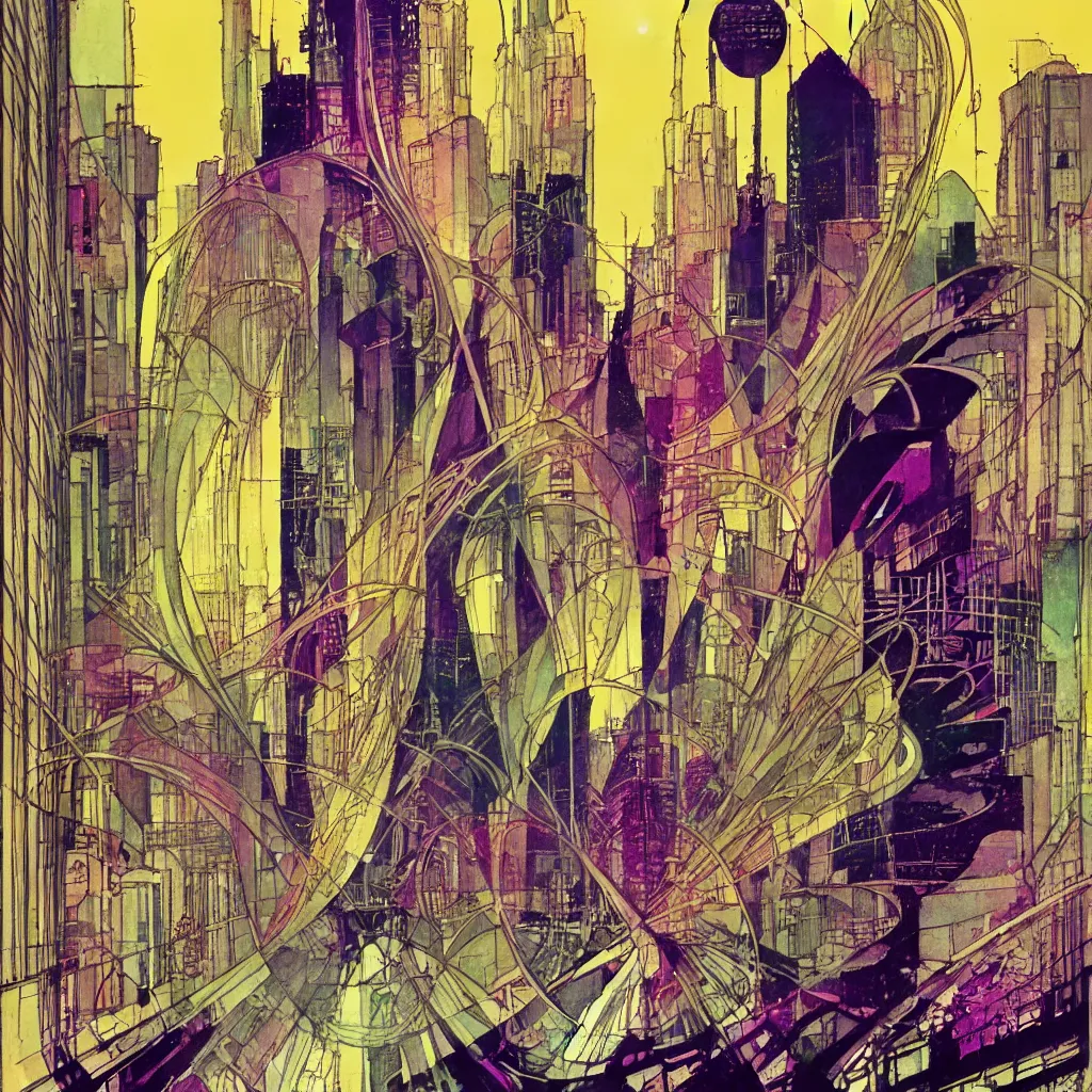 Image similar to bill sienkiewicz art nouveau city