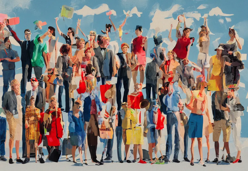 Prompt: full body portrait of a group, a row of a several european tourists getting off a tour bus, standing with a variety of poses and props, several character designs painting, sightseeing, in the style of wes anderson, lola dupre, david hockney, isolated on negative white space background dark monochrome neon spraypaint accents volumetric octane render