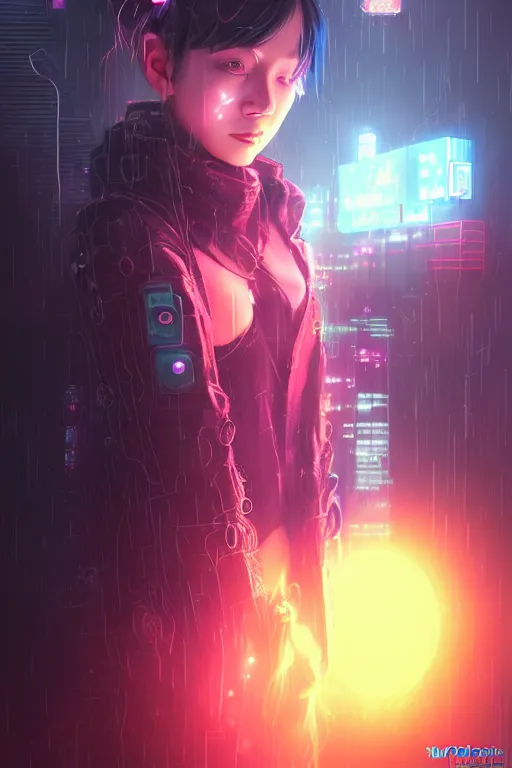 Prompt: portrait futuristic cute cyberpunk young female Alchemist, in futuristic stormy heavy snowy thunder flashing tokyo rooftop cyberpunk night, ssci-fi, fantasy, intricate, very very beautiful, elegant, neon light, highly detailed, digital painting, artstation, concept art, soft light, hdri, smooth, sharp focus, illustration, art by tian zi and craig mullins and WLOP and alphonse mucha