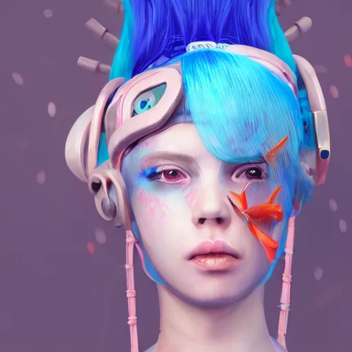 Prompt: a digital painting of a girl with a fish on her head, cyberpunk art by kiyohara tama, cgsociety, funk art, seapunk, anime aesthetic, rendered in maya