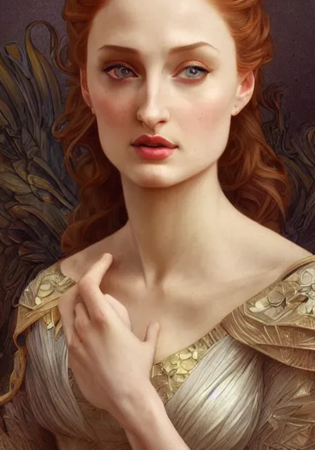 Image similar to sansa angeline jolie, intricate, elegant, highly detailed, digital painting, artstation, concept art, smooth, sharp focus, illustration, art by artgerm and greg rutkowski and alphonse mucha and william - adolphe bouguereau