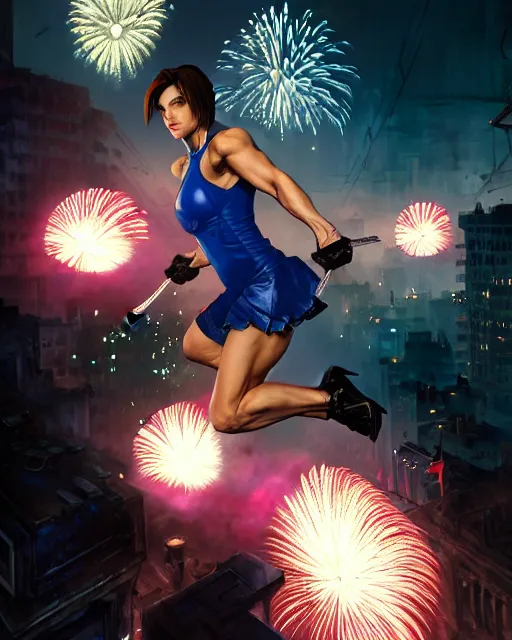 Image similar to gigachad jill valentine bodybuilder jumping in front of a fireworks show fighting in racoon city, fantasy character portrait, ultra realistic, anime key visual, full body concept art, intricate details, highly detailed by greg rutkowski, ilya kuvshinov, gaston bussiere, craig mullins, simon bisley