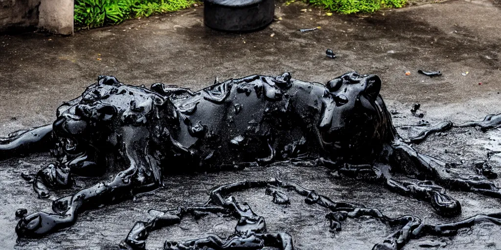 Image similar to the lioness made of tar, reforming from a puddle of tar, viscous, sticky, full of black goo, covered with black goo, splattered black goo, dripping black goo, dripping goo, splattered goo, sticky black goo. photography, dslr, reflections, black goo, zoo, exhibit