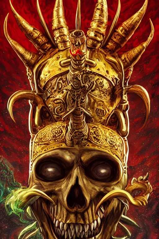 Prompt: 55 mm lens long shot photo of chthonic skull lsd colors with sharp teeth and demonic red eyes wearing a golden roman helmet with a red crest and horns and rgb background smoke, direct sunlight, glowing, vivid, detailed painting, Houdini algorhitmic pattern, by Ross Tran, WLOP, artgerm and James Jean, masterpiece, award winning painting