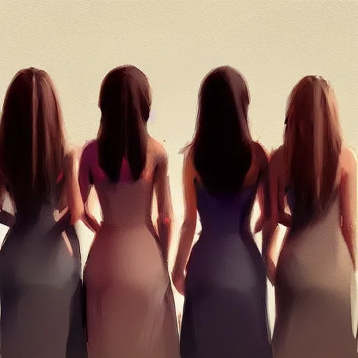 Image similar to “ a row of identical pretty women, photorealistic, in the style of greg rutkowski, digital painting, high quality ”