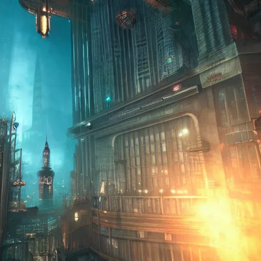 Prompt: high fantasy city rapture in the bioshock, tall towers, underwater city, dreamy magical, ultrarealistic, intricate detail, finely detailed, small details, extra detail, high resolution, volumetric lighting, octane render, 8 k
