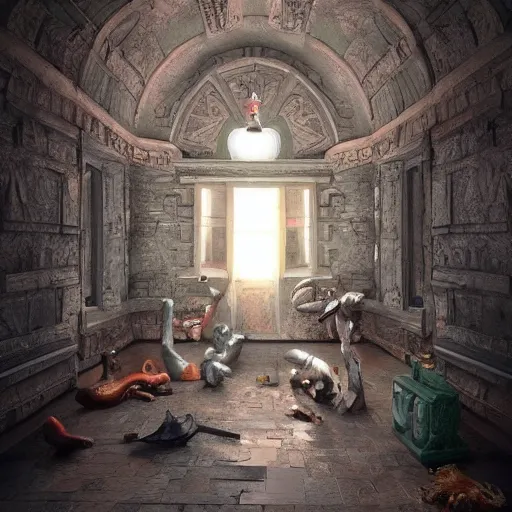 Image similar to this place is so bizarre yet amazing the walls seem to be moving and the sculptures look like nothing I’ve ever seen before lights are gleaming out of the small window it’s truly beautiful, trending on artstation,