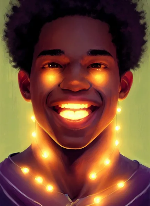 Image similar to portrait of teenage chuck clayton, black teenage boy, very short curly hair, very short hair, square jaw, slight excited smile, reading archie comic book, intricate, elegant, glowing lights, highly detailed, digital painting, artstation, concept art, smooth, sharp focus, illustration, art by wlop, mars ravelo and greg rutkowski