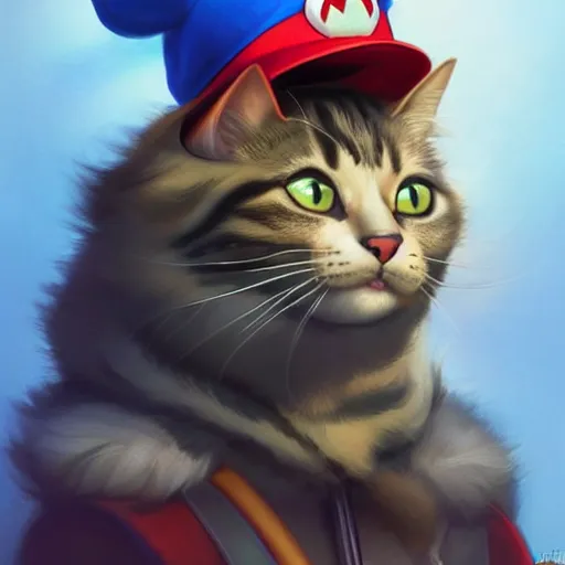 Image similar to Portrait of a Cat wearing a Super Mario hat, kawaii aesthetic, nintendo, Box art, highly detailed, digital painting, artstation, concept art, smooth, sharp focus, illustration, art by artgerm and greg rutkowski and alphonse mucha