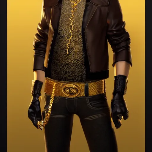 Prompt: a highly detailed full-length man with dark brown short hair, a dark beard, in black leather clothes, with a gold chain and a gold belt, artstation, DeviantArt, professional, octane render