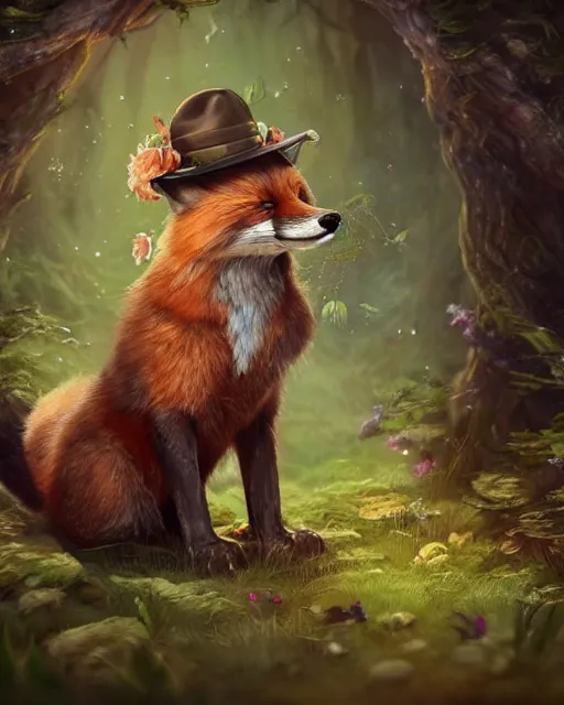 Image similar to Fox playing Flute in magical forest, portrait, wearing hat, magical notes, flowers, flower dress, birds, fairy atmosphere, magic the gathering artwork, D&D, fantasy, cinematic lighting, centered, symmetrical, highly detailed, digital painting, artstation, concept art, smooth, sharp focus, illustration, volumetric lighting, epic Composition, 8k, art by Akihiko Yoshida and Greg Rutkowski and Craig Mullins, oil painting, cgsociety