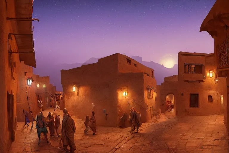 Image similar to in the middle of a adobe house kasbah town, mud and brick houses, merchant street, pueblo architecture, colorful crowd. Scenic view at night, underexposed, clean horizon, matte painting by raphael lacoste and marc simonetti and ruan jia, trending on artstation