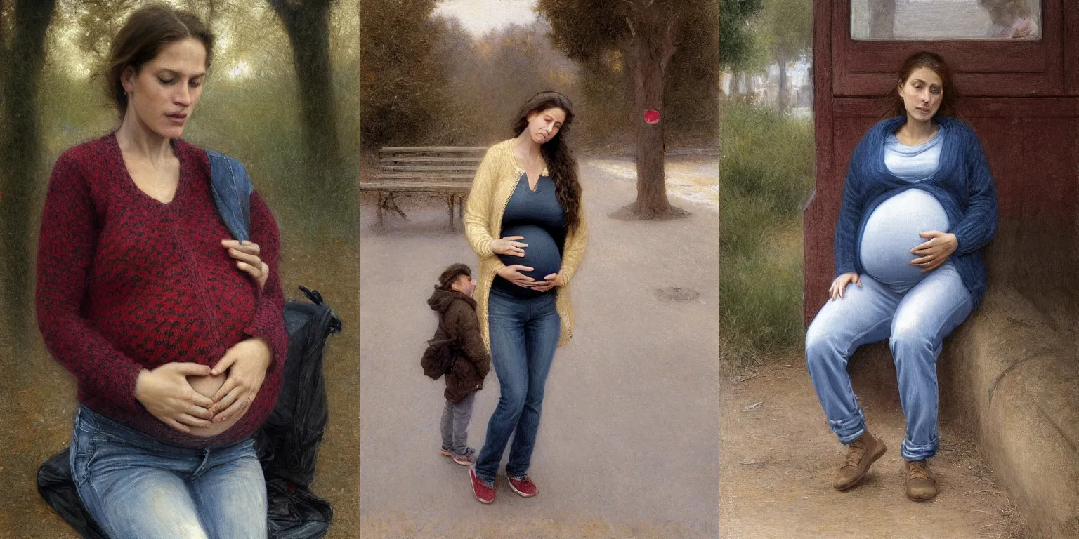 Prompt: pregnant woman in jeans and sweater waiting for the bus, by Alyssa Monks, Bouguereau