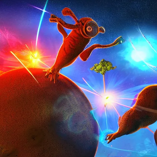 Image similar to laser war between funny creatures on a planet, digital art, award winning 4K