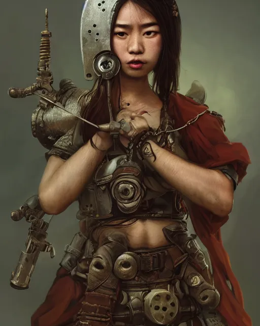 Image similar to hyper realistic portrait of postapocalyptic asian death cult monk girl sword and shield, beads, gears, machineparts, cinematic, artstation, cgsociety, pascal blanche