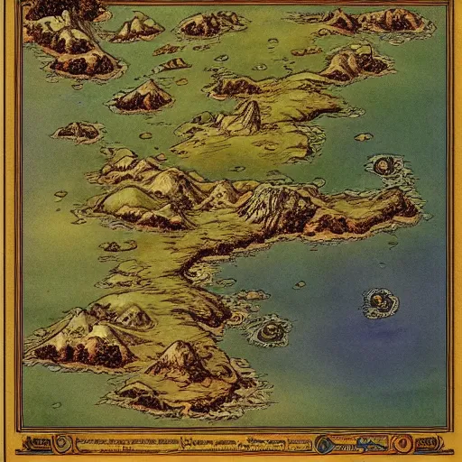 Prompt: an isometric fantasy map, the land of Odrua, uncluttered, bordered by ocean, continent with mountains lakes hills and cities, by brian froud by jrr tolkien
