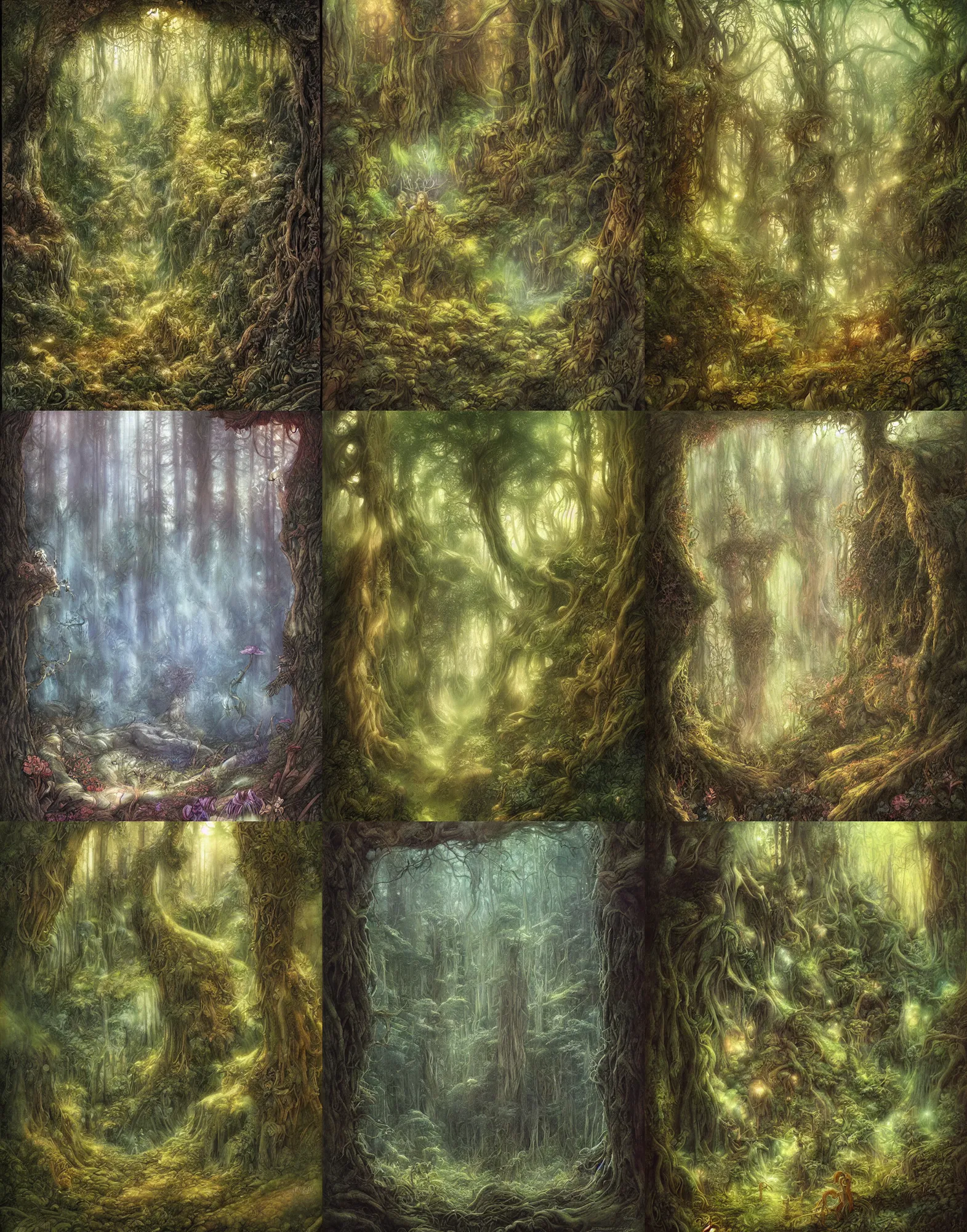 Prompt: A highly detailed painting of a forest by Tony Diterlizzi and Brian Froud, cinematic, breathtaking, beautiful composition, volumetric lighting, painterly