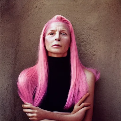 Prompt: a beautiful woman with pink hair and fair skin, portrait photograph, nikon 3 5 mm, photograph by annie leibovitz and steve mccurry,