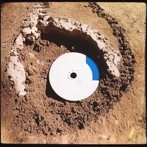 Image similar to a vinyl disc on a hole in the ground, with a shovel next to it, polaroid shot