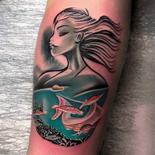 Prompt: tattoo of cute mechanical mermaid robots swimming through sea grass and kelp with lots of fish and light rays underwater
