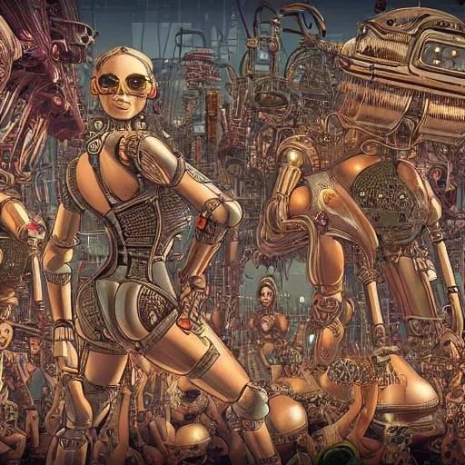 Prompt: intricate detailed artwork of a futuristic robot controlling thousands of beautiful female ravers, full frontal views, in the style of Geof Darrow, steampunk, fully filled out women, torn clothing, bikinis, ultra hd, 8k, redshift render, pixar