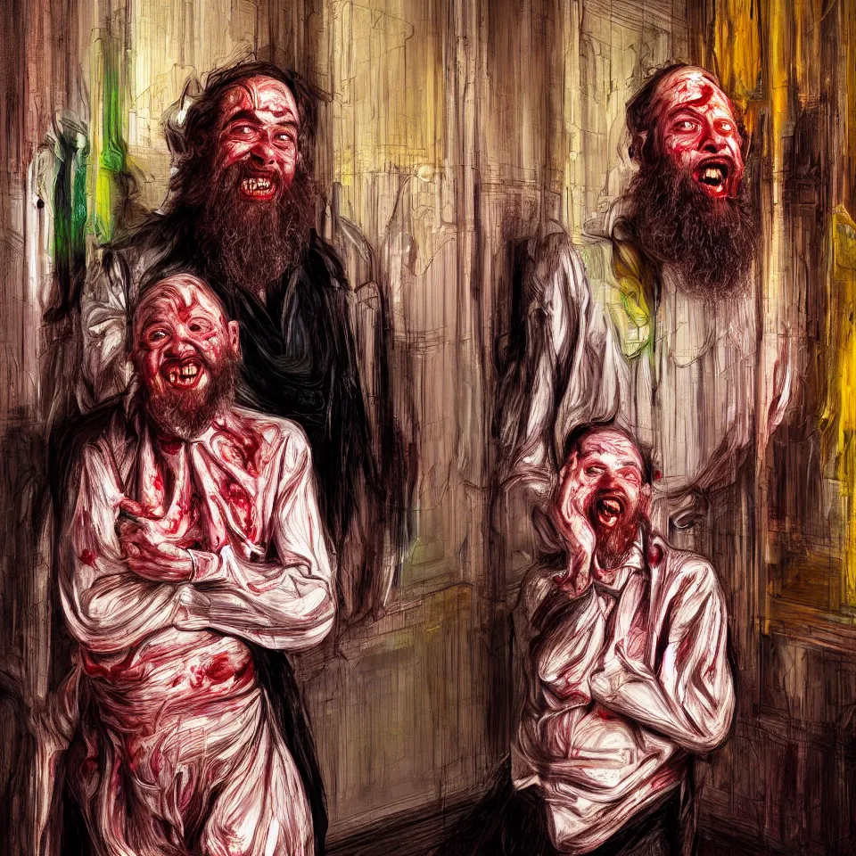 Image similar to bright realistic chabad cult smiling franticly, old apartment, rotten flesh, diffuse lighting, fantasy, intricate, elegant, highly detailed, lifelike, photorealistic, digital painting, artstation, illustration, concept art, smooth, sharp focus, art by francis bacon and jenny saville