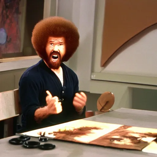 Image similar to bob ross screaming at ninjas