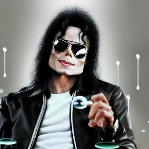 Image similar to michael jackson 2 0 0 9 wearing shades, alone, this is it style, photo real, pores, motion blur, sitting with bubbles the chimp window open, real life, spotted, ultra realistic face, accurate, 4 k, movie still, uhd, sharp, detailed, cinematic, render, modern