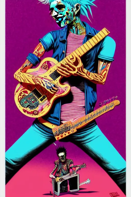 Prompt: risograph of a punk zombie playing guitar, tristan eaton, victo ngai, artgerm, rhads, ross draws, intricated details