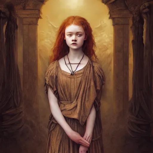 Prompt: sadie sink as a devilish standing in the front of gates of hell. angel is draped with bones. digital painting. art station. mood lighting. skindness, highly detailed, concept art, intricate, sharp focus, einar jonsson and bouguereau - h 1 2 0 0