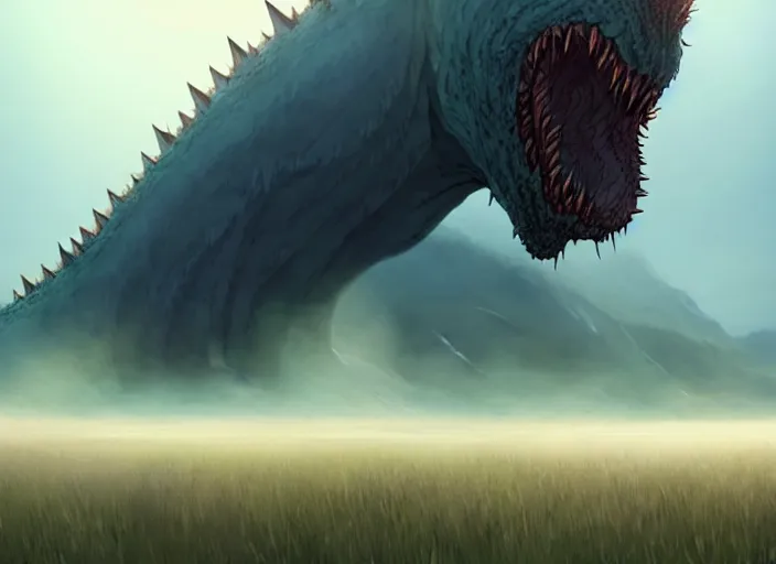 Prompt: a gargantuan creature kaiju with smooth skin, lots of small quils and spikes on it's neck, looming over a field, fog, horror, by makoto shinkai an krenz cushart