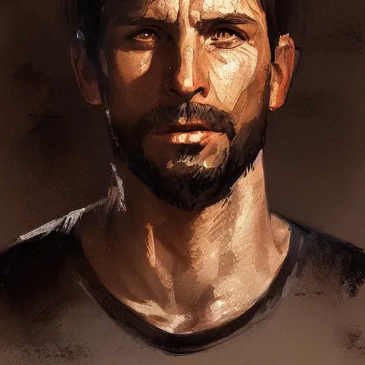 Prompt: Portrait of a man by Greg Rutkowski, he is about 40 years old, southern slav features, messy brown short hair, strong and tall, tired expression, he is a black tank top, highly detailed portrait, digital painting, artstation, concept art, smooth, sharp foccus ilustration, Artstation HQ.