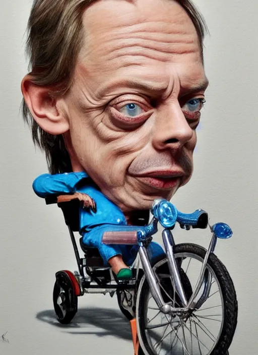 Image similar to hyperrealism steve buscemi riding a tricycle, light effect, hyper detailed, claymation, cartoon, detailed, realistic materials, sharp focus