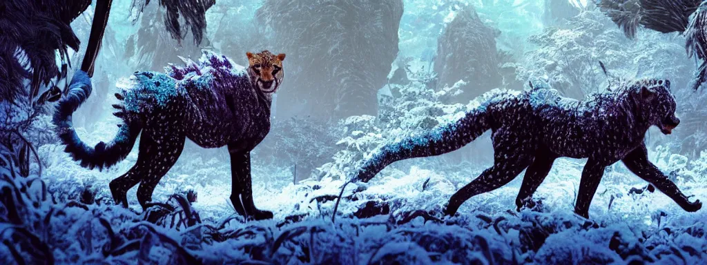 Image similar to large black sabretooth cheetah with shiny blue fish scales skin and silver lightning tail, walking in a dense alien snow covered frosty jungle, with snow covered colourful red, blue and purple plants, large vines, snow covered arched organic rock structures, in the style of monster hunter world, like concept art on artstation, hyperdetailed, vray render, octane render,