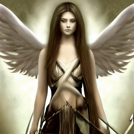 Prompt: an airbrush painting, an ultrafine detailed painting, of a white angel holding a sword and a sword, digital art by Anne Stokes, and by Hsiao-Ron Cheng , and by deviantart and by An Gyeon. Featured on devianart, featured on cgsociety, fantasy art, angelic photograph, wiccan, daz3d, mystical, tarot card, deviantart, artstation hd