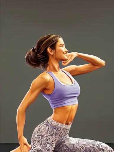 Prompt: a beautiful happy woman doing yoga at the gym. smiling popular girl. intricate, elegant, highly detailed, digital painting, artstation, cinematic shot, concept art, sharp focus, illustration, by justin gerard and artgerm, corrected hands, perfect hands 8 k