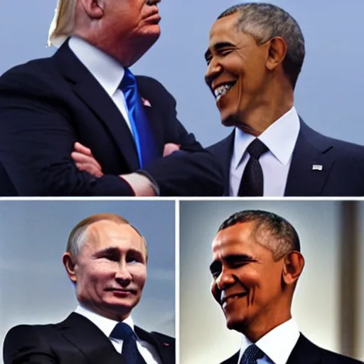 Image similar to putin, trump, obama and bush are having a lightsabber fight and smiling