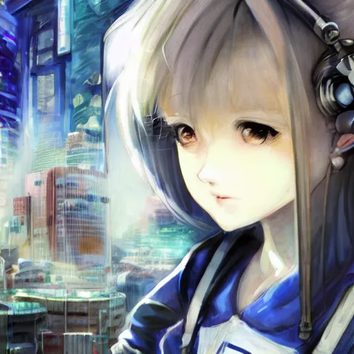 Image similar to dynamic composition, motion, ultra-detailed, incredibly detailed, a lot of details, amazing fine details and brush strokes, colorful and grayish palette, smooth, HD semirealistic anime CG concept art digital painting, watercolor oil painting of Clean and detailed post-cyberpunk sci-fi close-up schoolgirl in asian city in style of cytus and deemo, blue flame, relaxing, calm and mysterious vibes,, by a Chinese artist at ArtStation, by Huang Guangjian, Fenghua Zhong, Ruan Jia, Xin Jin and Wei Chang. Realistic artwork of a Chinese videogame, gradients, gentle an harmonic grayish colors. set in half-life 2, Matrix, GITS, Blade Runner, Neotokyo Source, Syndicate(2012), dynamic composition, beautiful with eerie vibes, very inspirational, very stylish, with gradients, surrealistic, dystopia, postapocalyptic vibes, depth of field, mist, rich cinematic atmosphere, perfect digital art, mystical journey in strange world