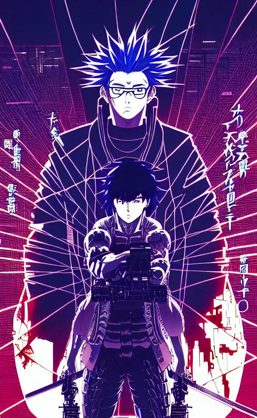 Image similar to an intricate detailed main cover of the manga, a strong male anime hero with two magical swords, in neo tokyo cyberpunk city with spirit sight, by Katsuhiro Otomo + Sui Ishida, in the anime Ghost In the Shell, trending on artstation + clean lines + lineart +clean edges