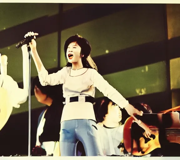 Prompt: photo of singer singing in an japan 1 9 8 0 pop big concert, photo by louise dahl - wolfe, color photo, colored