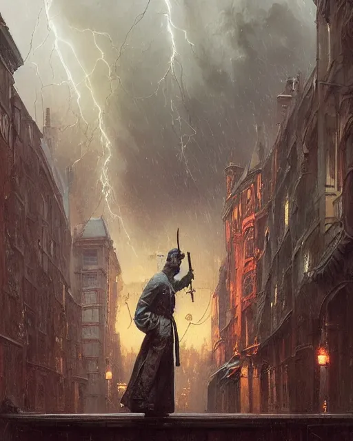 Prompt: a highly detailed epic cinematic concept art CG render digital painting artwork: Victorian London, lightning storm. By Greg Rutkowski, in the style of Francis Bacon and Syd Mead and Norman Rockwell and Beksinski, open ceiling, highly detailed, painted by Francis Bacon and Edward Hopper, painted by James Gilleard, surrealism, airbrush, Ilya Kuvshinov, WLOP, Stanley Artgerm, very coherent, triadic color scheme, art by Takato Yamamoto and James Jean