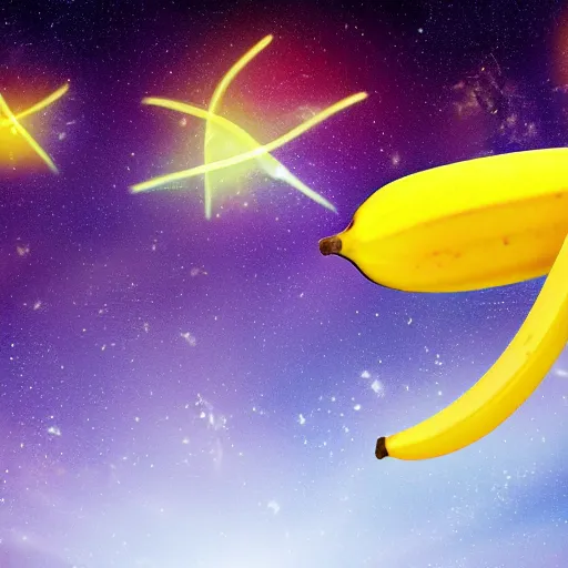 Prompt: a banana flying through space and stars, glowing, digital art, stunning, detailed, very colorful, beautiful 8k