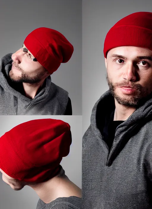 Prompt: portrait of a lithuanian man wearing a red beanie and sleeveless hoodie, gold necklace, highly detailed, realistic, studio quality, studio photo, studio lighting, trending on artstation, sharp focus, 4 k