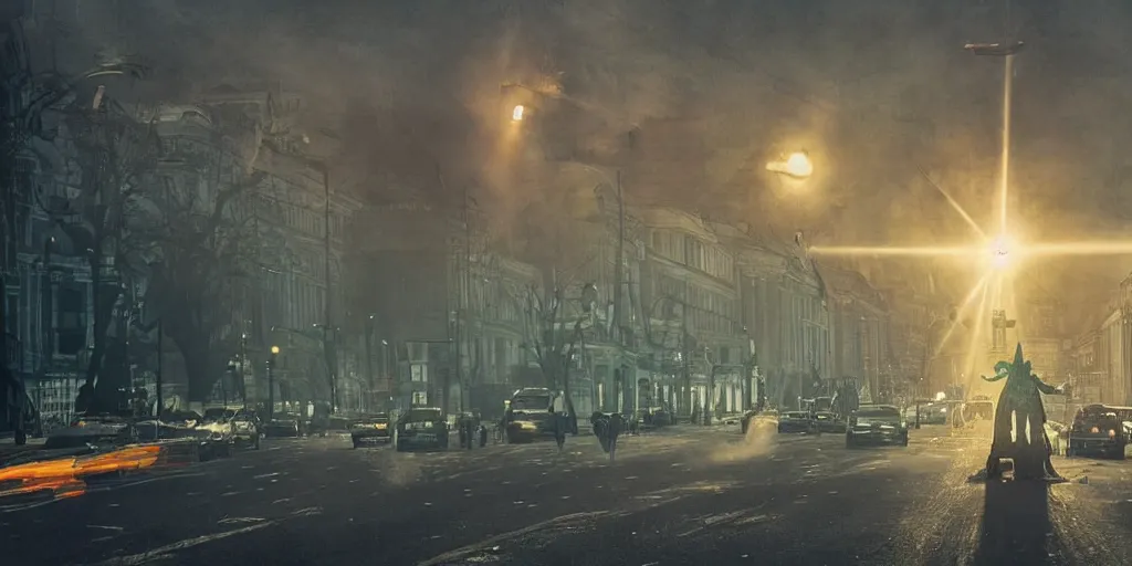 Prompt: cthulhu with face of putin destroying khreshchatyk street, a center of kyiv, dark, trending on artstation, digital art, fog, sun flare, rain