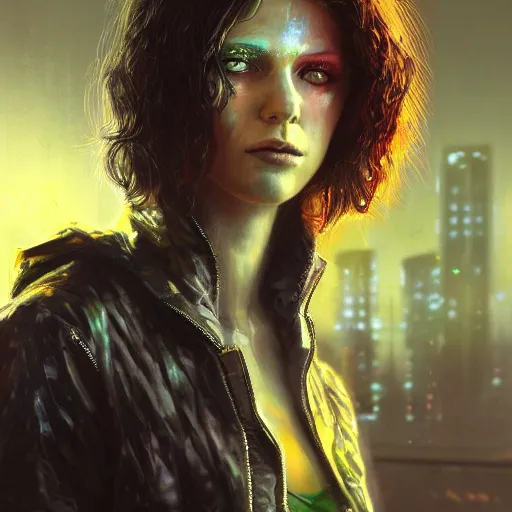 Prompt: molly from neuromancer, extremely detailed portrait of a young beautiful cyberpunk woman, eye implants, sunset, cyberpunk city background, megacity, gorgeous view, depth, painted by seb mckinnon, high detail, digital art, painted by greg rutkowski, trending on artstation