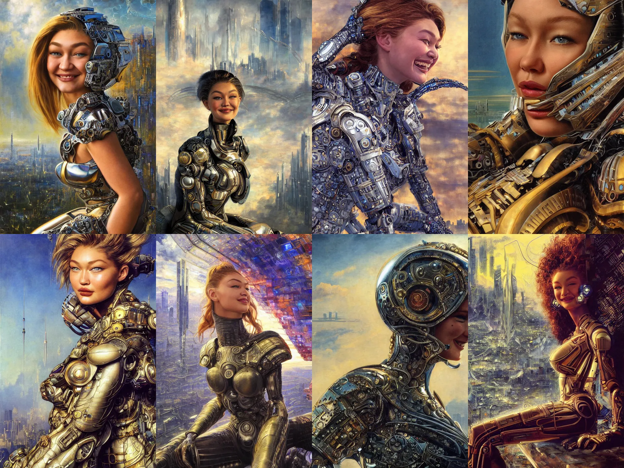 Image similar to close - up portrait of epic young gigi hadid smiling into camera, intricate cyborg armor, sitting on a bench, vista of futuristic city, windy, golden hour, wlop, by gerald brom, by mikhail vrubel, by peter elson, extreme detail, trending on artstation