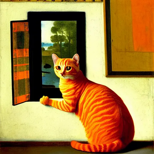 Prompt: a painting of an orange cat staring profoundly into the window, a detailed painting by johannes vermeer, behance, american scene painting, dutch golden age, detailed painting, academic art